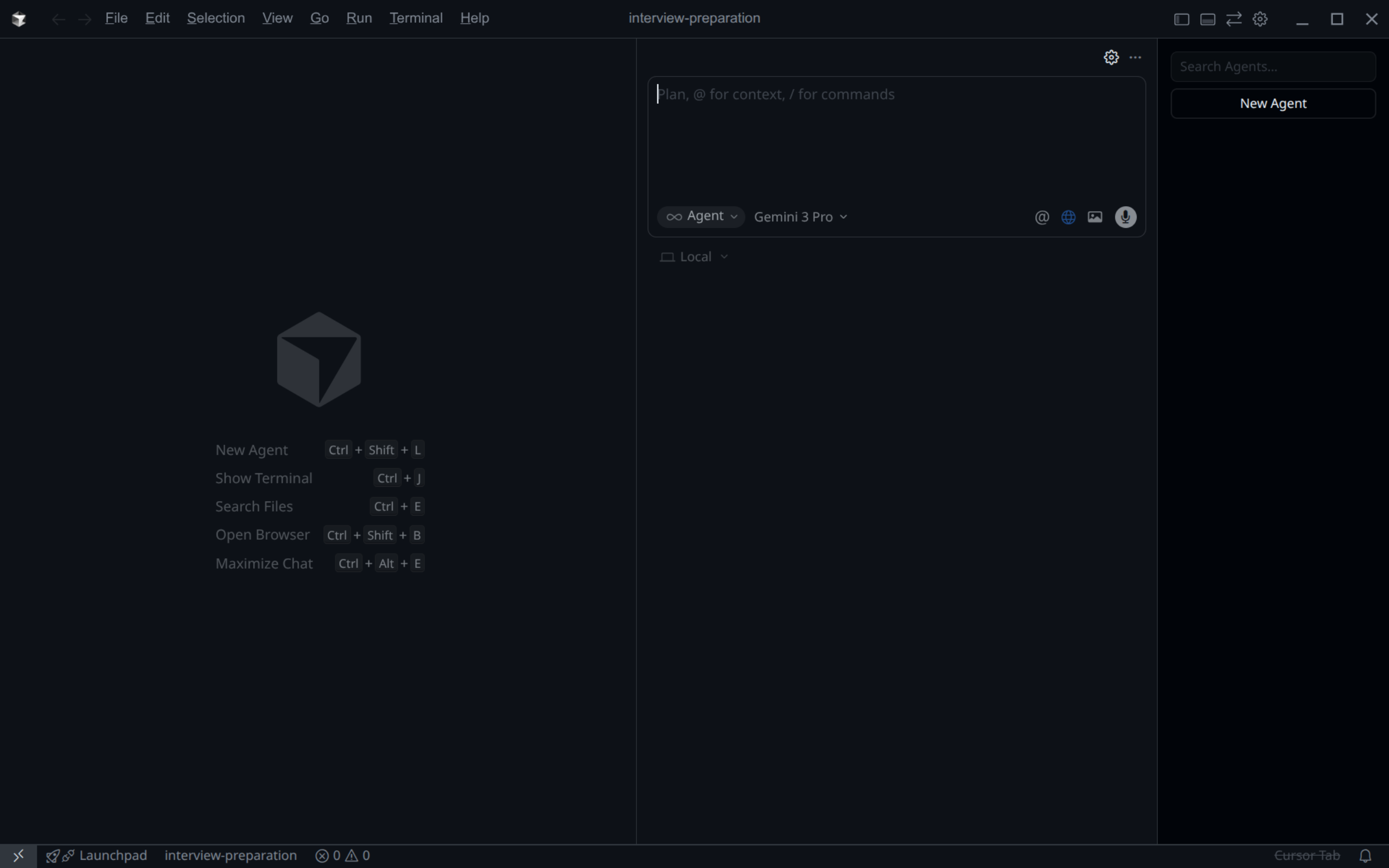 Пустой проект в Cursor с выбранной моделью Gemini 3 Pro